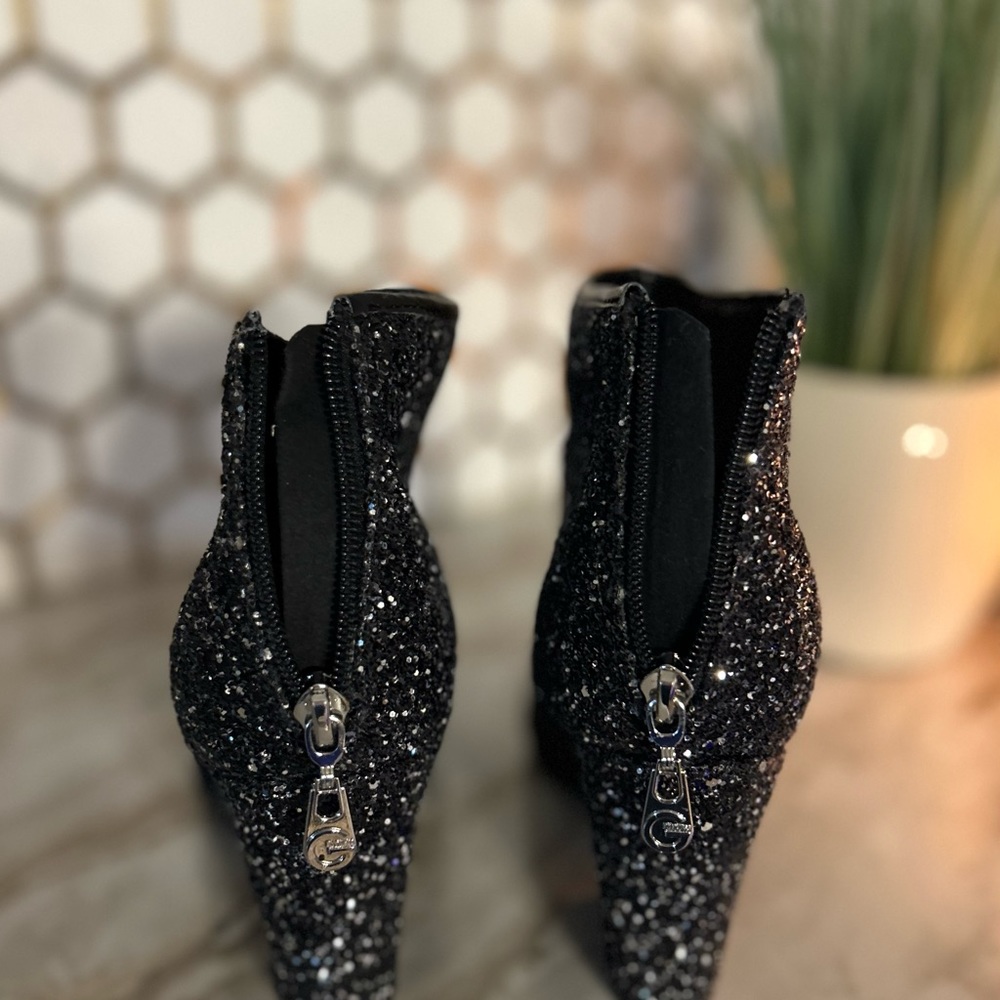 Black Glitter Chunky Heel Booties - Picture 3 of 10